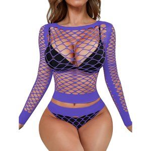 Women Sexy Fishnet Bodysuit See Through Shirts Long Sleeve Lingerie-Purple
